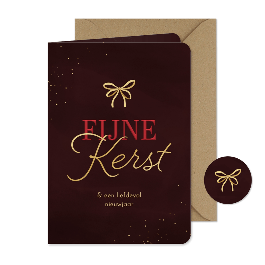 Kerstkaart fijne kerst strikje goud donkerrood - Kaartimpressie