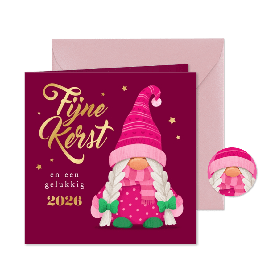 Kerstkaart fijne kerst vrouwelijke kabouter goud 2026 - Kaartimpressie