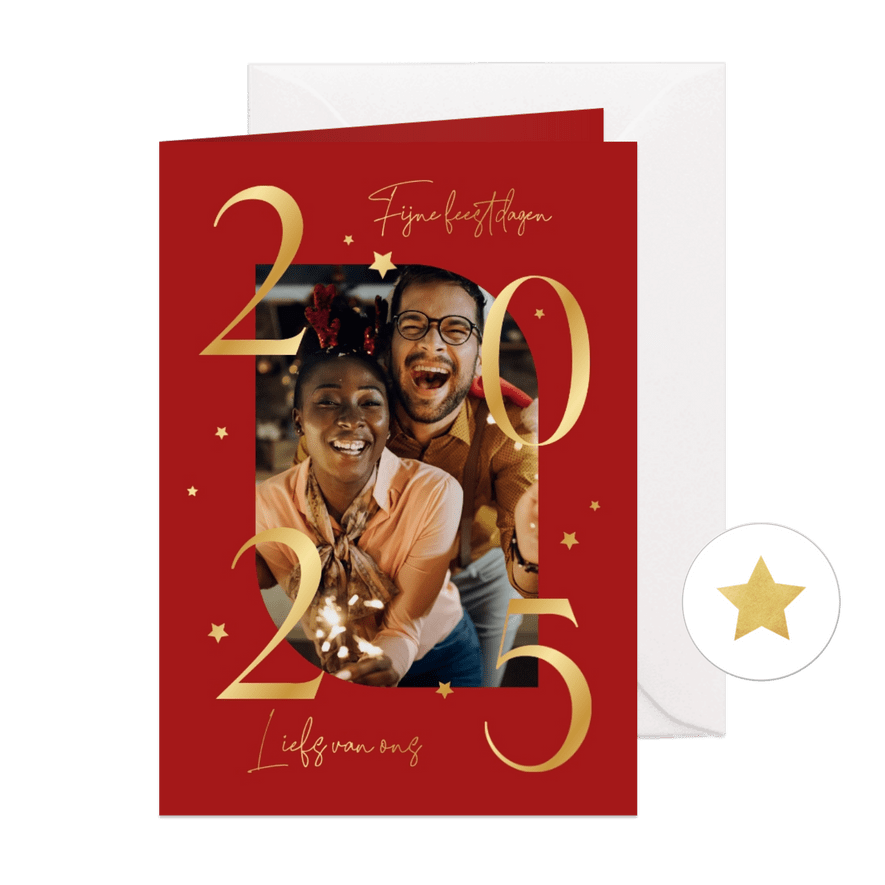 Kerstkaart foto 2025 goud sterretjes fijne feestdagen - Kaartimpressie