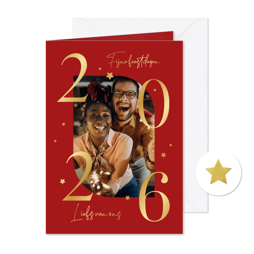 Kerstkaart foto 2026 goud sterretjes fijne feestdagen - Kaartimpressie