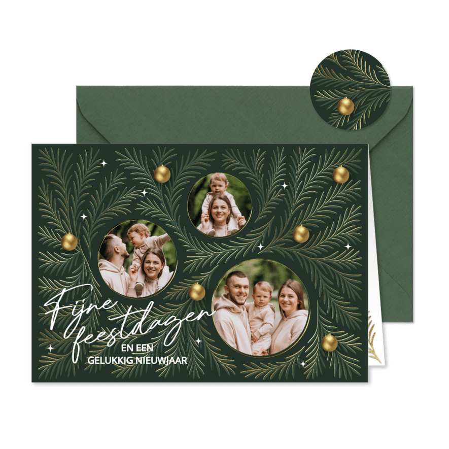 Kerstkaart foto collage groen met goud - Kaartimpressie