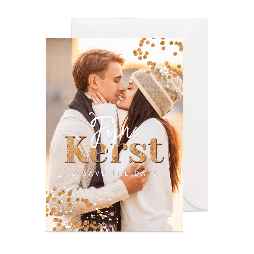 Kerstkaart foto confetti goud spetters save the date - Kaartimpressie