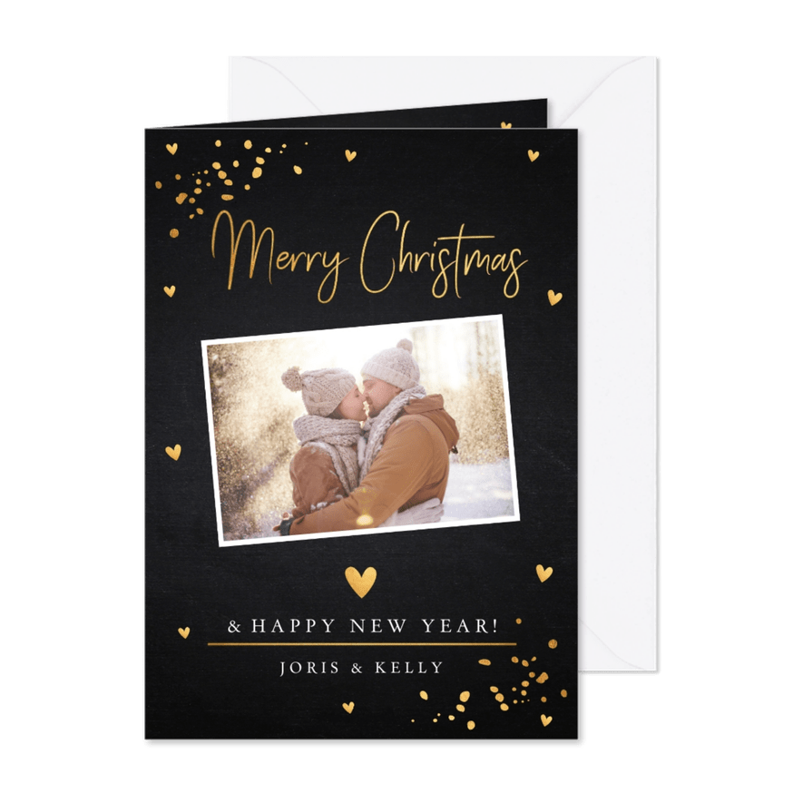 Kerstkaart foto confetti goudlook - Kaartimpressie