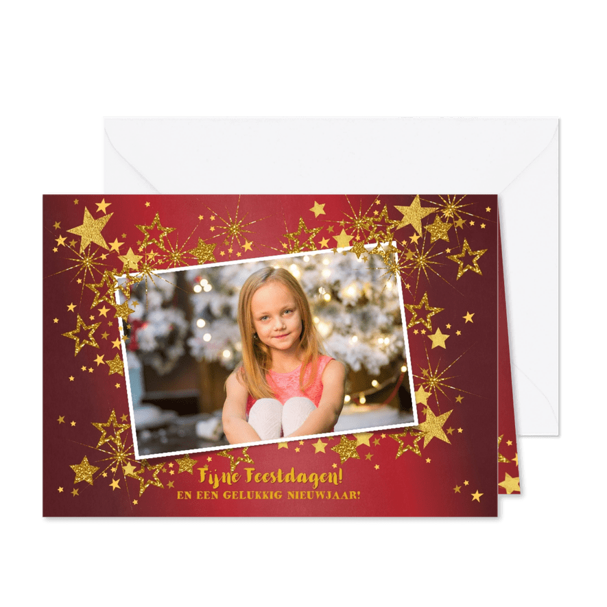 Kerstkaart foto feestelijk rood en gouden sterren - Kaartimpressie
