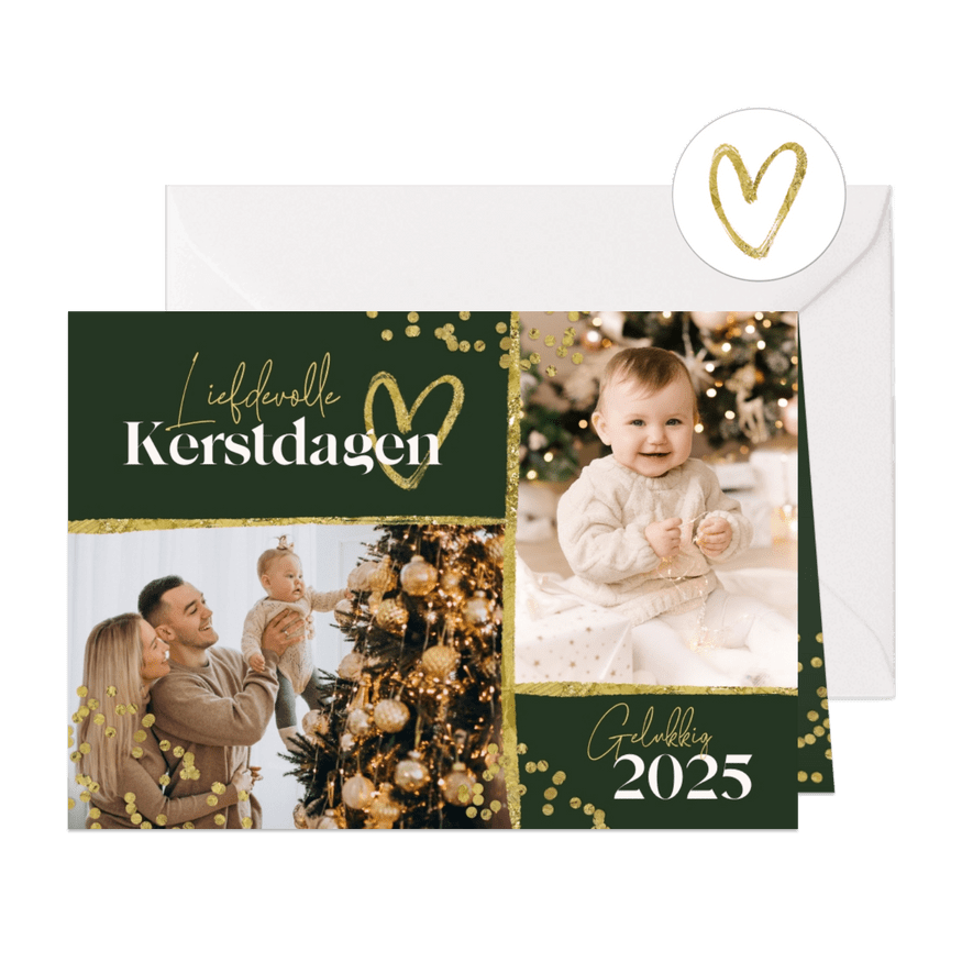 Kerstkaart foto goud confetti hartje fijne kerstdagen 2025 - Kaartimpressie