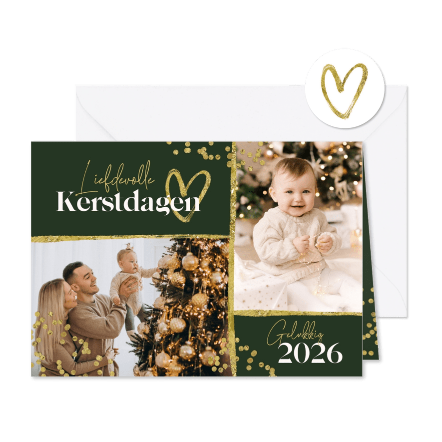Kerstkaart foto goud confetti hartje fijne kerstdagen 2026 - Kaartimpressie