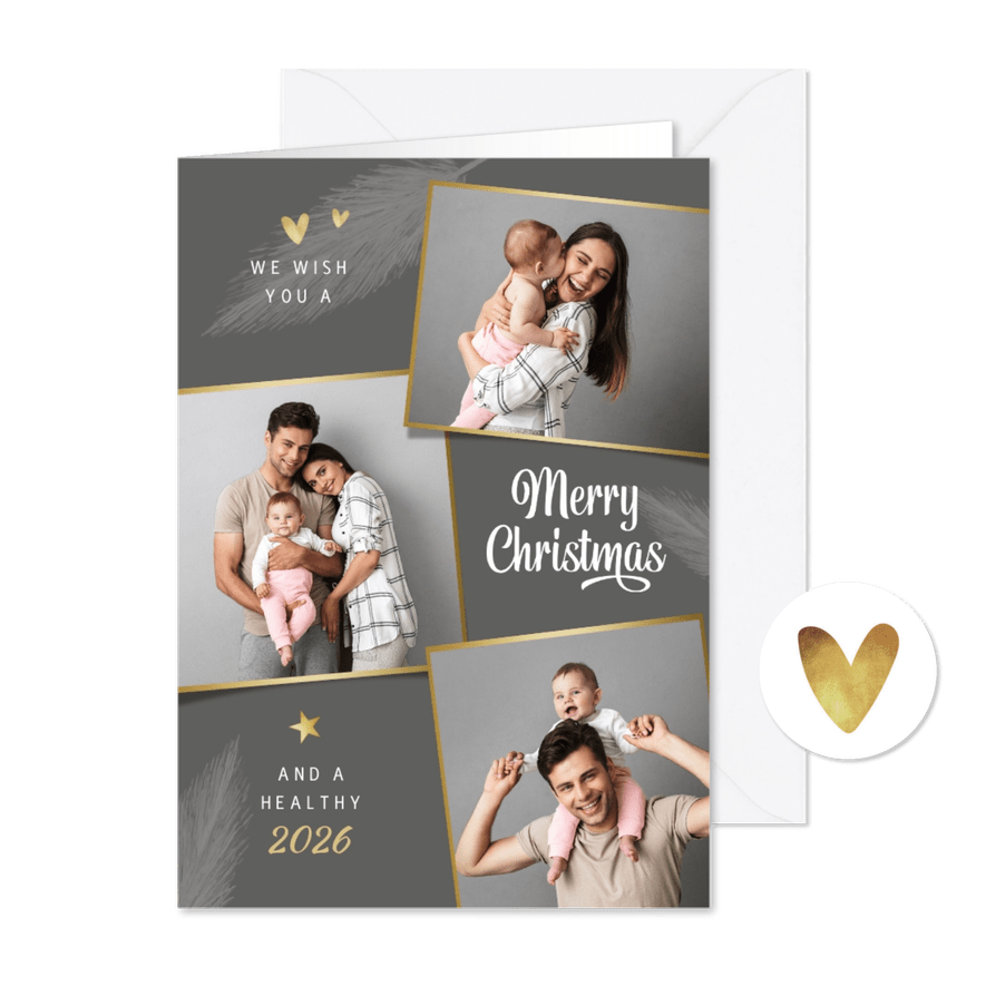 Kerstkaart foto goud hartjes sterren stijlvol grijs - Kaartimpressie