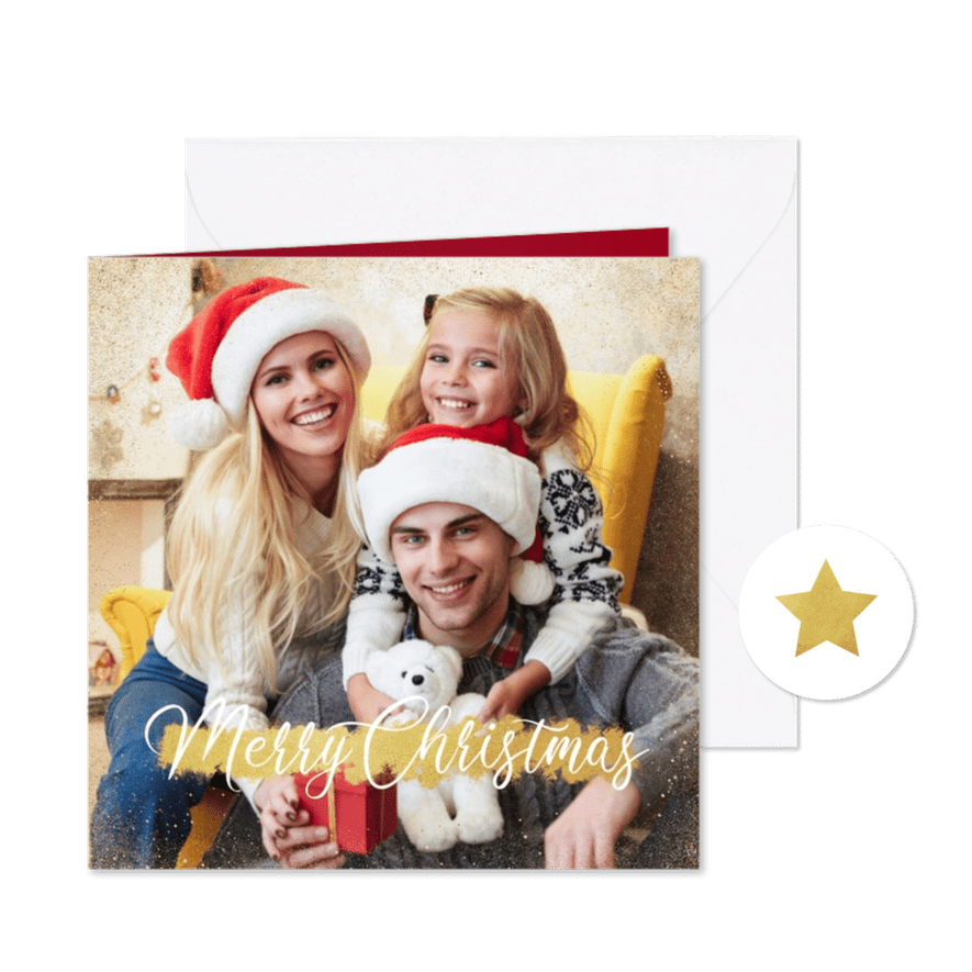 Kerstkaart foto goud merry christmas sterren  - Kaartimpressie