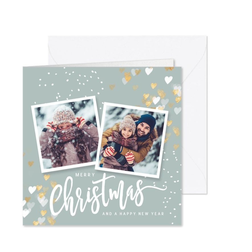 Kerstkaart foto gouden hartjes en sneeuw - Kaartimpressie