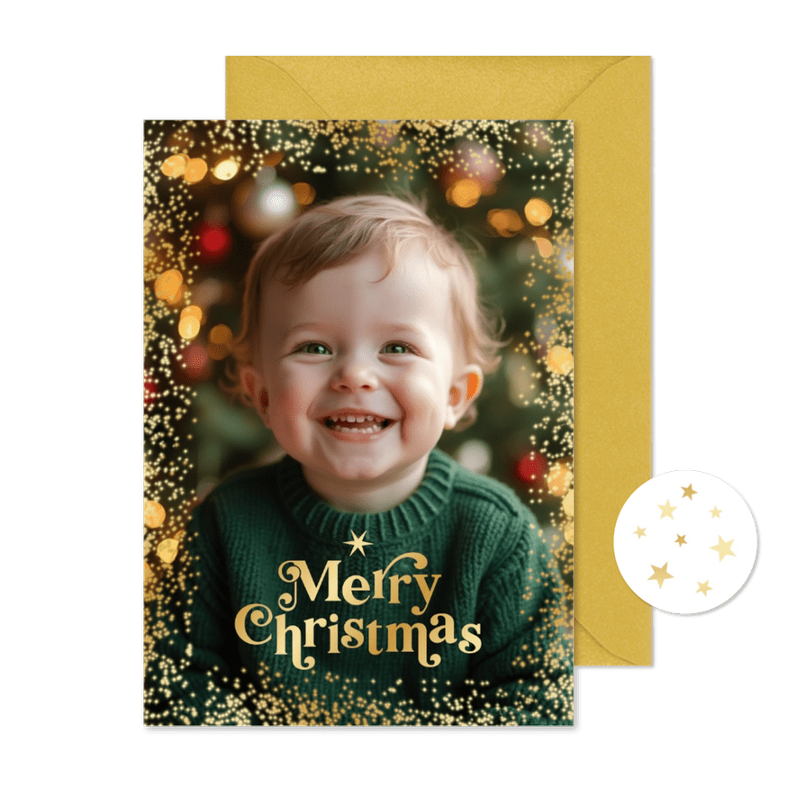 Kerstkaart foto groot merry christmas goud sprankelend - Kaartimpressie