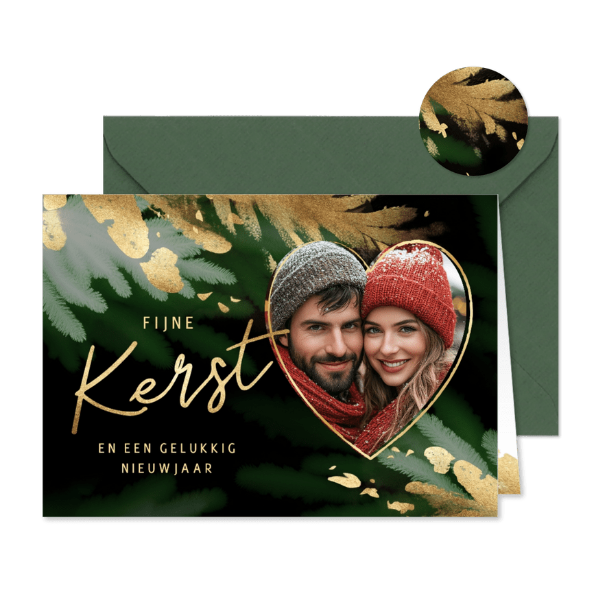 Kerstkaart foto hart fijne kerst in goud - Kaartimpressie