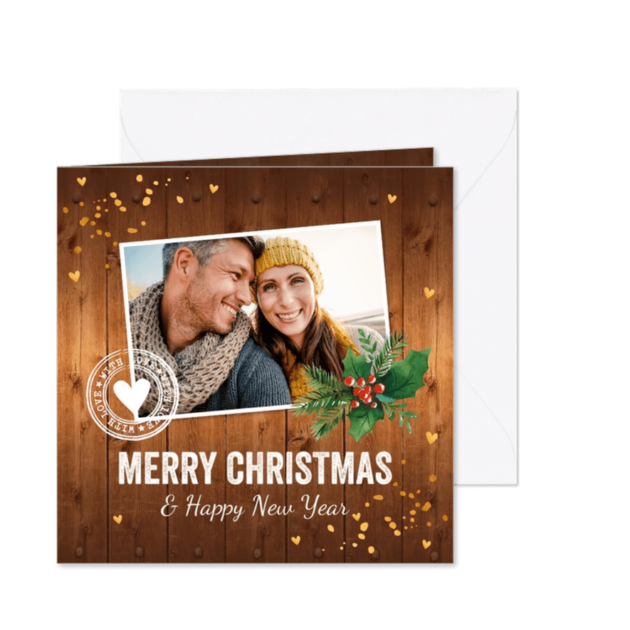 Kerstkaart foto hout kerstkrans confetti goudlook - Kaartimpressie