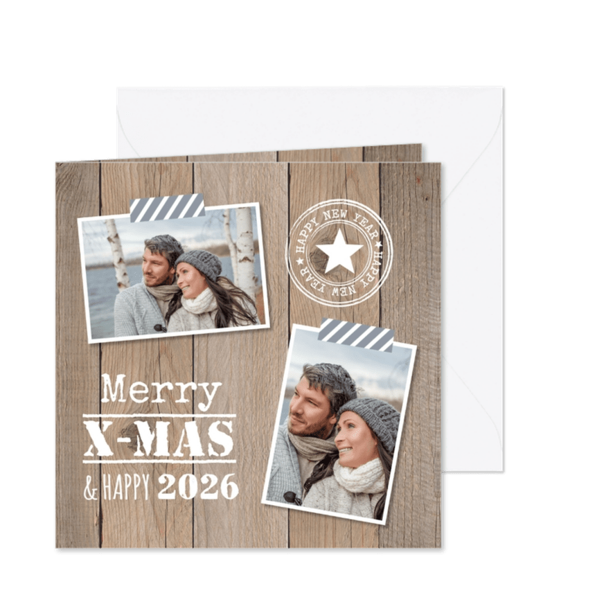 Kerstkaart foto houtlook stempels - Kaartimpressie