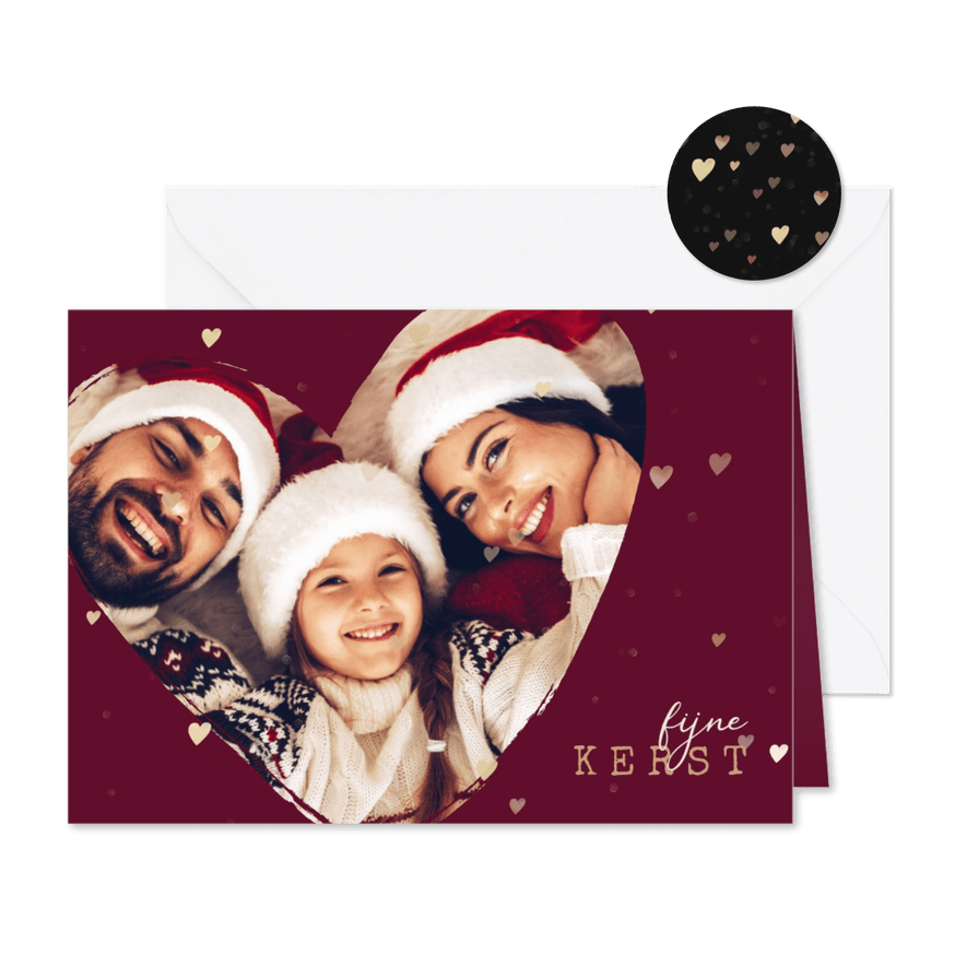 Kerstkaart foto in hart groot met gouden hartjes - Kaartimpressie
