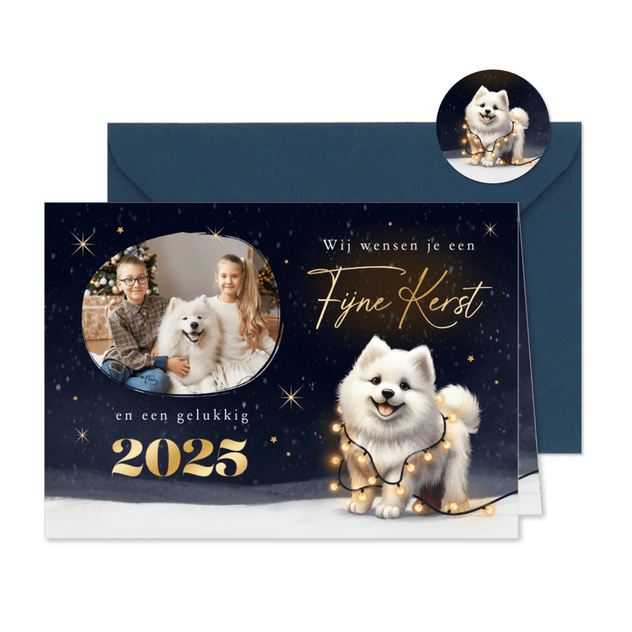 Kerstkaart foto kerst hond Samojeed puppy winter lampjes - Kaartimpressie