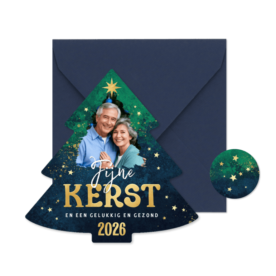 Kerstkaart foto kerstboom sprankelend sterretjes verf - Kaartimpressie