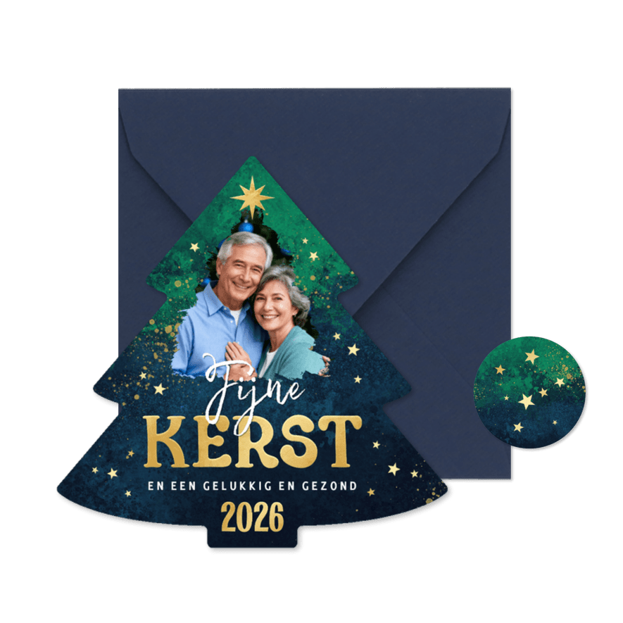 Kerstkaart foto kerstboom sprankelend sterretjes verf - Kaartimpressie