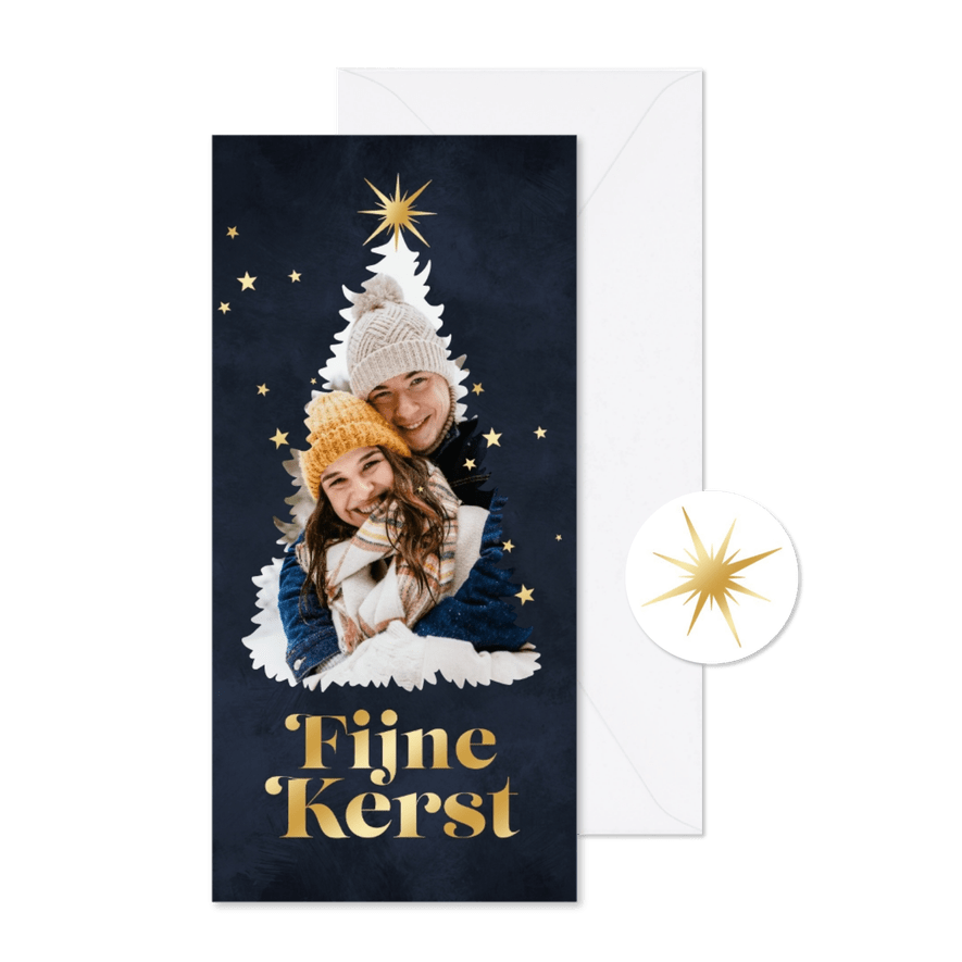 Kerstkaart foto kerstboom sterren goud fijne kerst - Kaartimpressie
