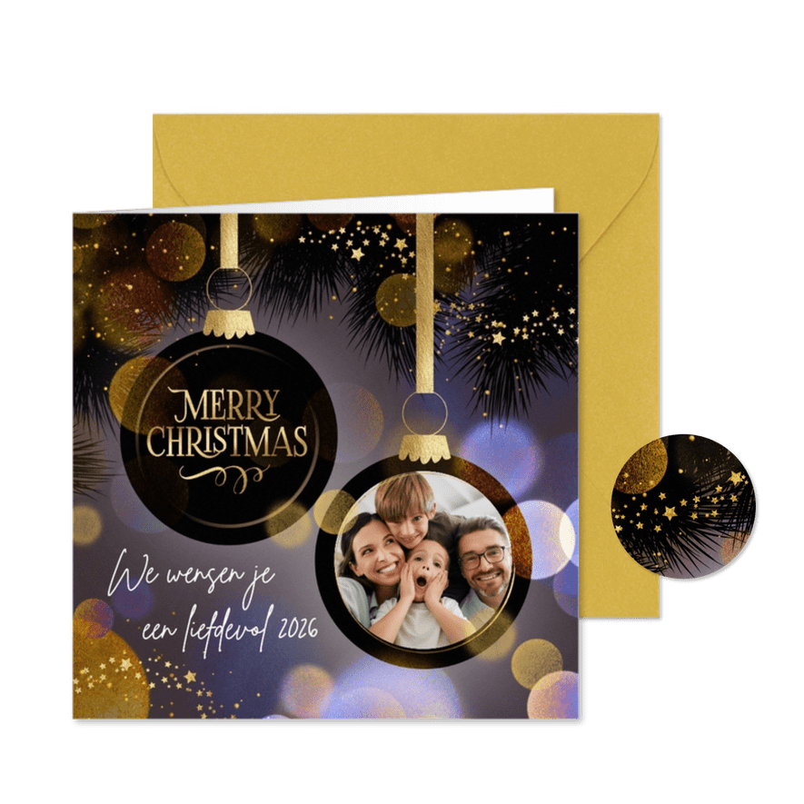 kerstkaart foto licht kerstballen - Kaartimpressie