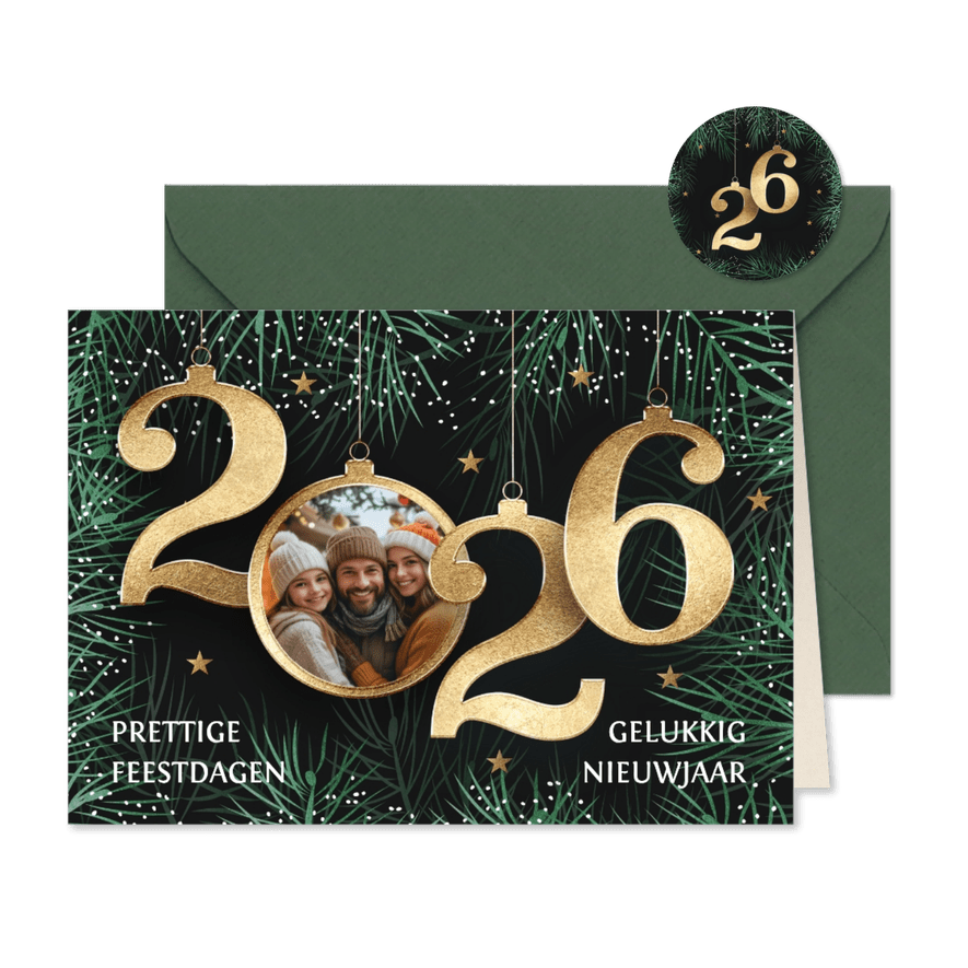 Kerstkaart foto met 2026 in goud - Kaartimpressie