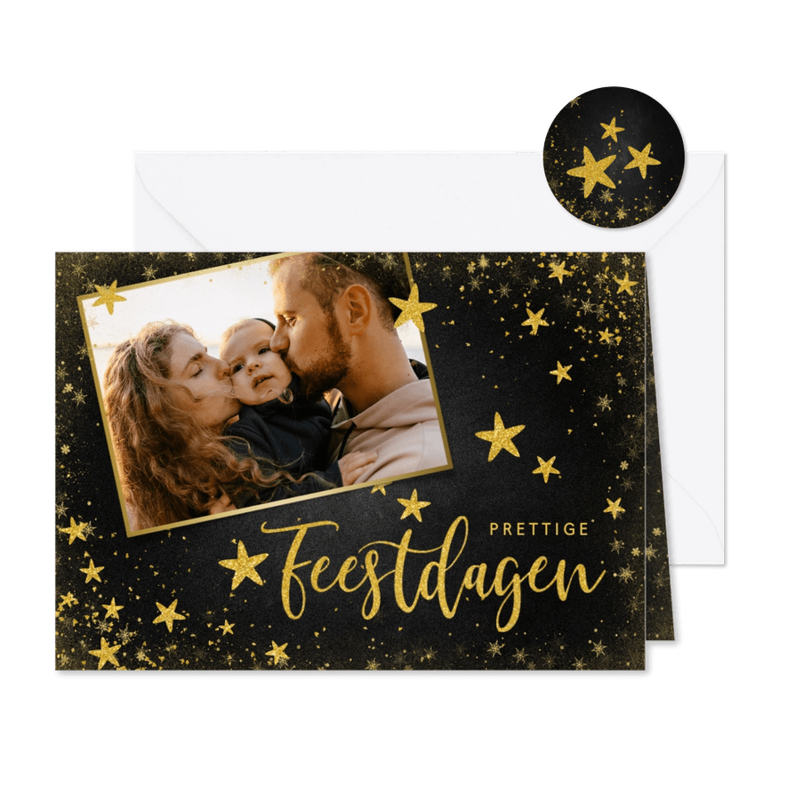 Kerstkaart foto met gouden sterren donker - Kaartimpressie