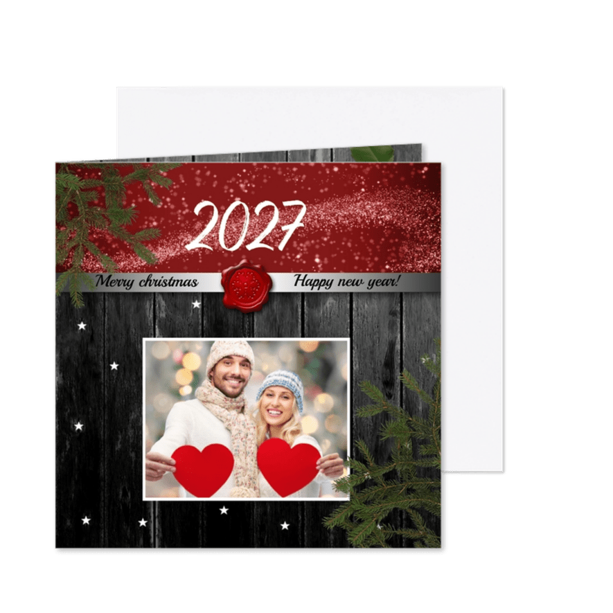 Kerstkaart foto op hout 2027 - Kaartimpressie