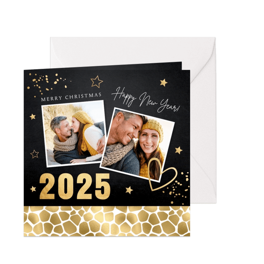 Kerstkaart foto panterprint sterren confetti goudlook 2025 - Kaartimpressie