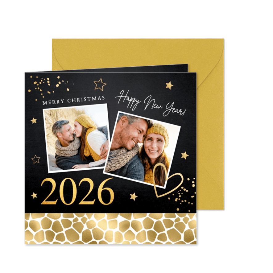 Kerstkaart foto panterprint sterren confetti goudlook 2026 - Kaartimpressie