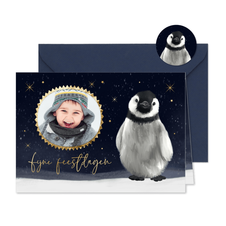 Kerstkaart foto pinguïn winter sneeuw sterren feestdagen - Kaartimpressie