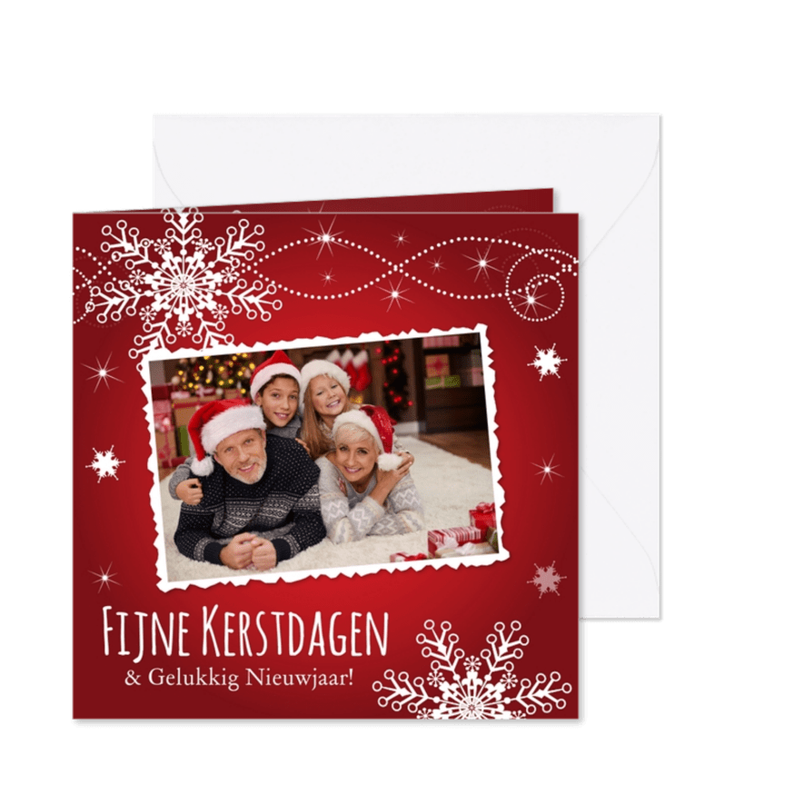 Kerstkaart foto rood sneeuwvlokken - Kaartimpressie