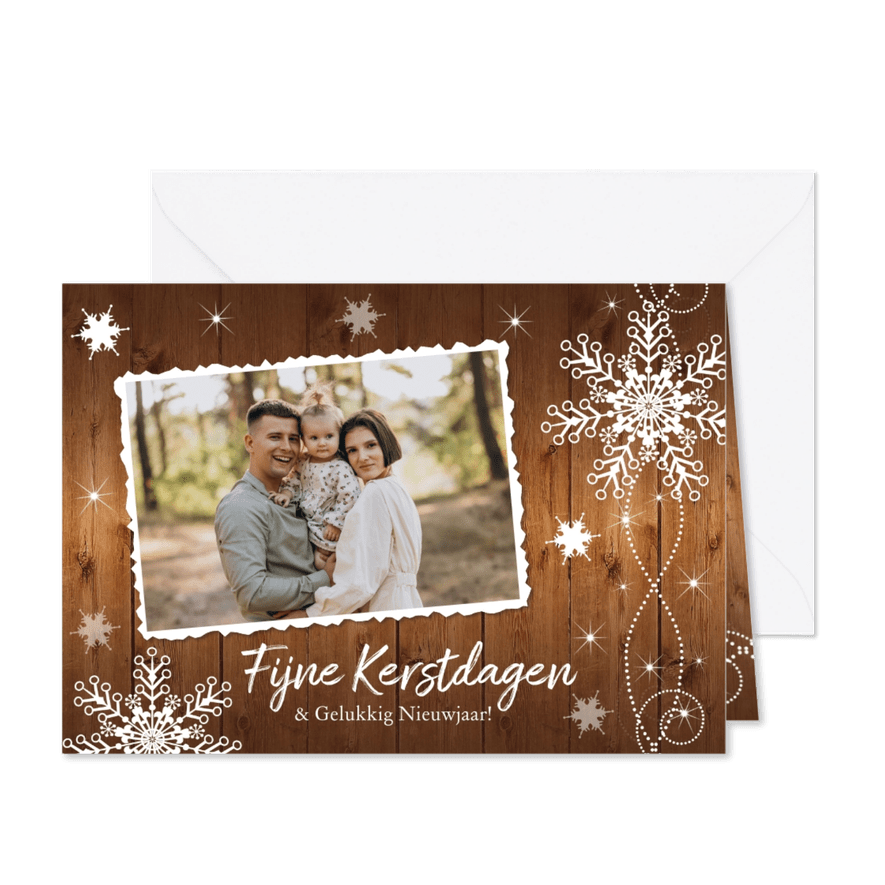Kerstkaart foto sneeuwvlokken houtlook rechthoekig - Kaartimpressie