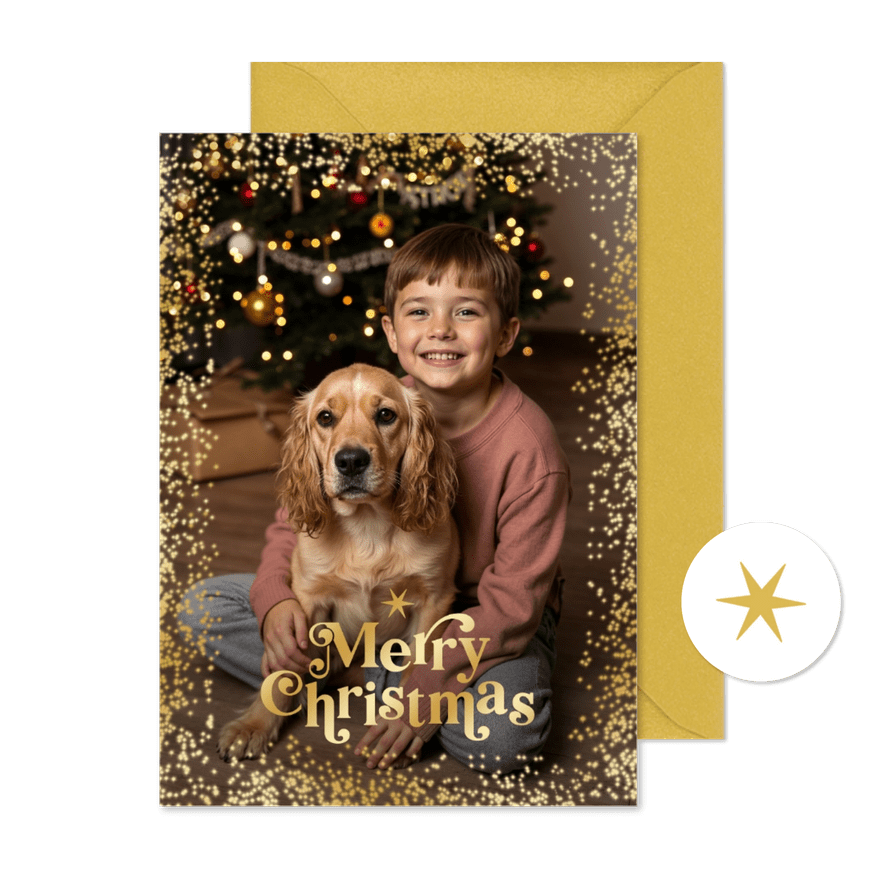 Kerstkaart foto sprankelend goud merry christmas - Kaartimpressie