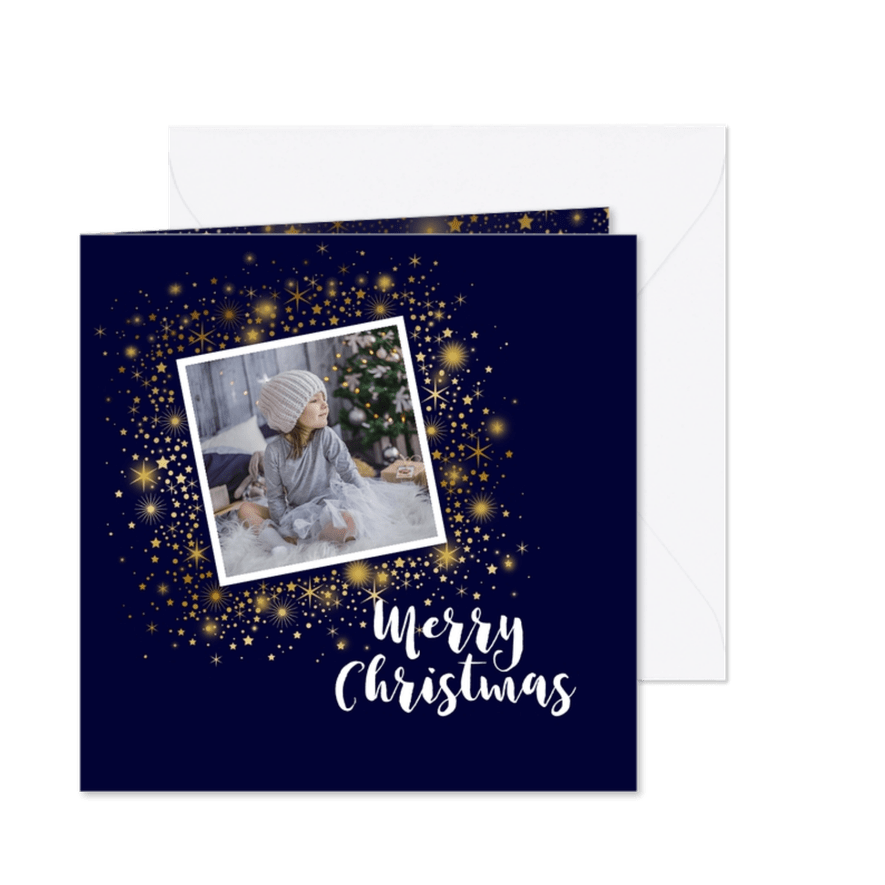 Kerstkaart foto sterren goud glitterlook - Kaartimpressie