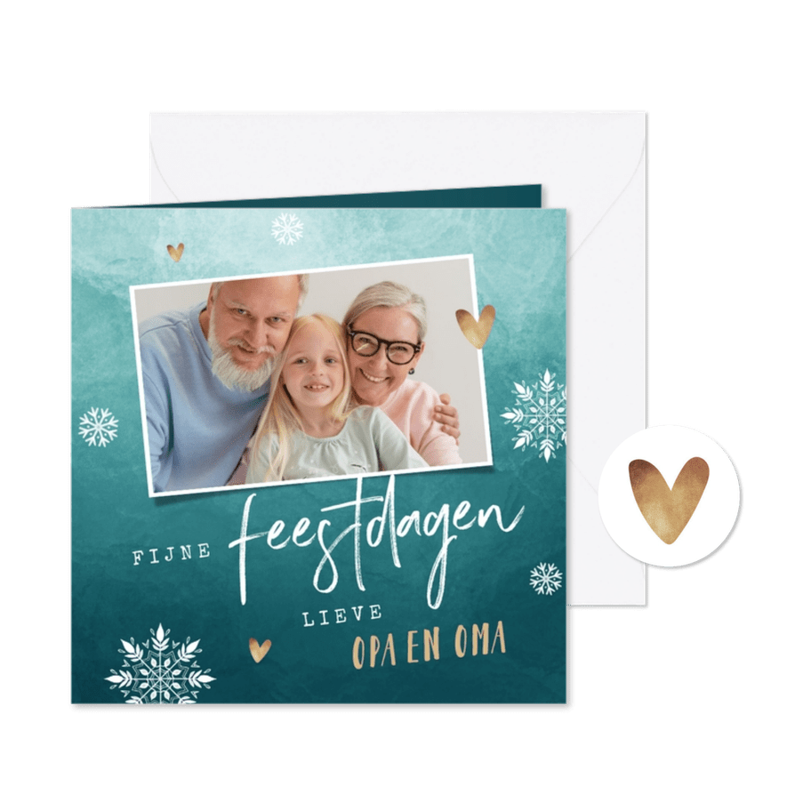 Kerstkaart foto waterverf hartjes goud sneeuwvlokken - Kaartimpressie