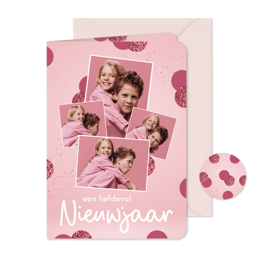 Kerstkaart fotocollage 4 foto's roze confetti nieuwjaar - Kaartimpressie