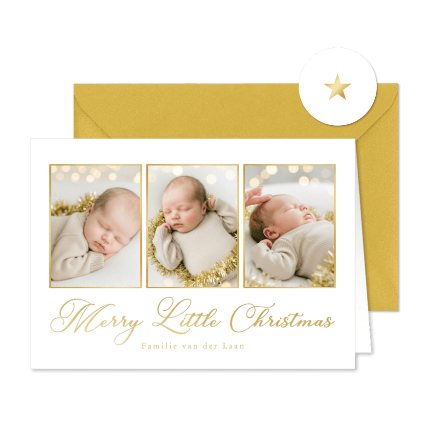 Kerstkaart fotocollage baby klassieke gouden typografie - Kaartimpressie