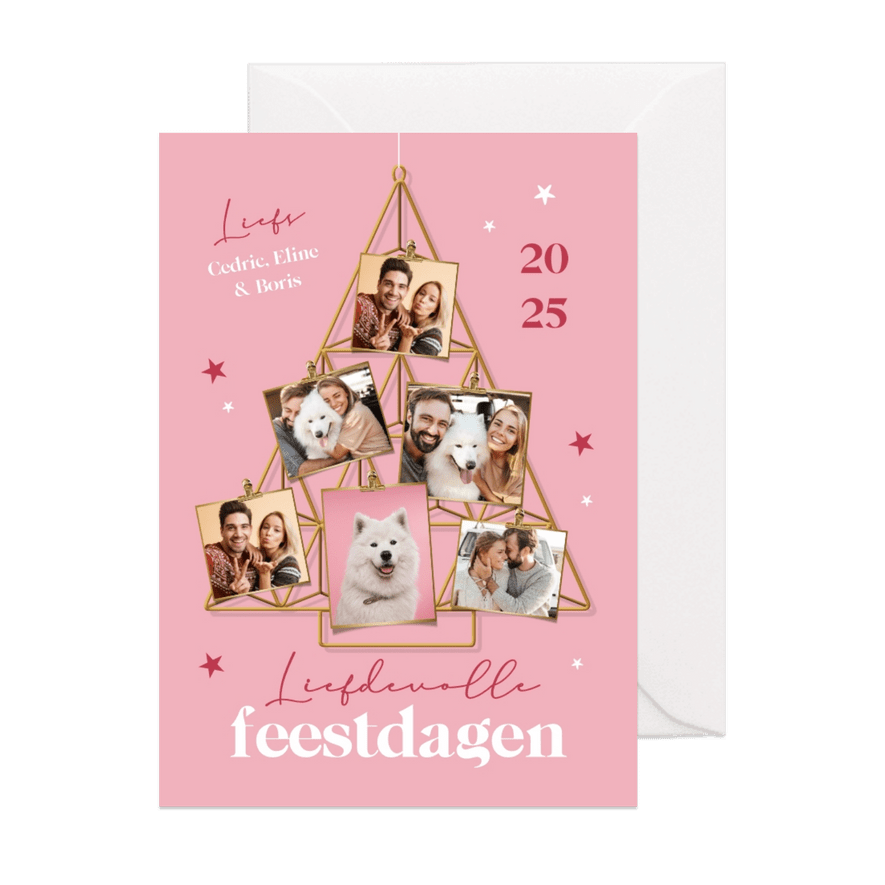 Kerstkaart fotocollage boom sterren goud liefdevol - Kaartimpressie