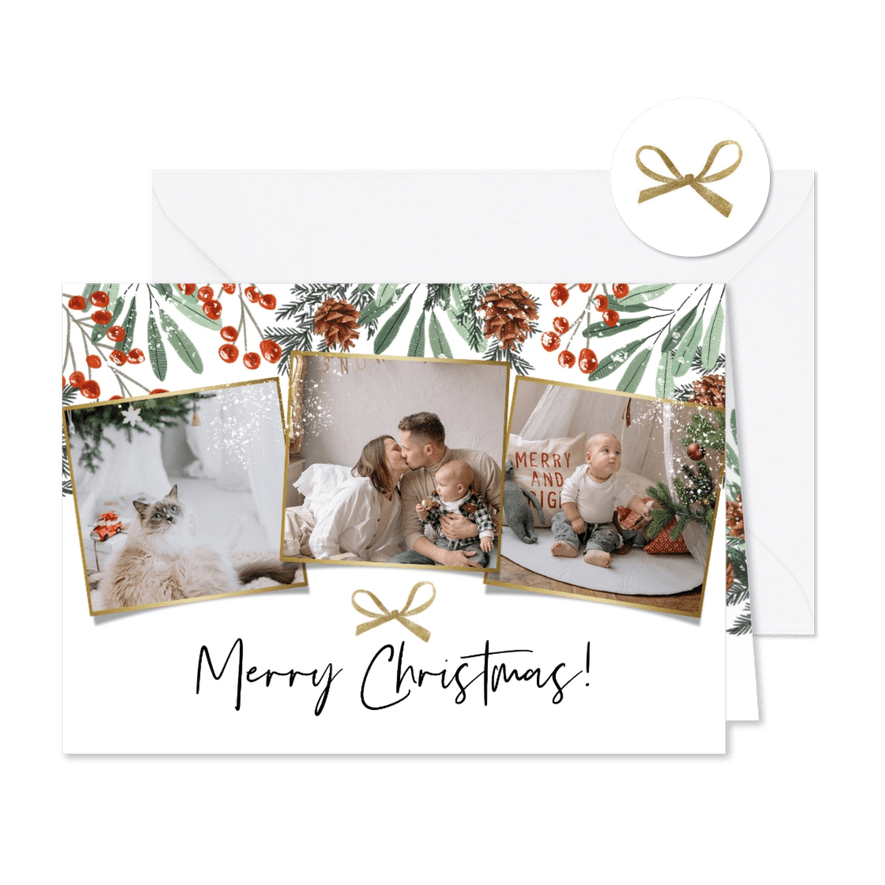 Kerstkaart fotocollage botanisch sneeuw strik goud - Kaartimpressie