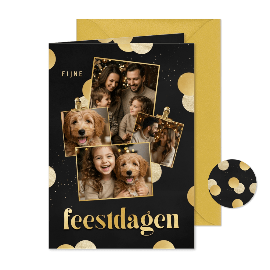 Kerstkaart fotocollage confetti goud feestdagen - Kaartimpressie