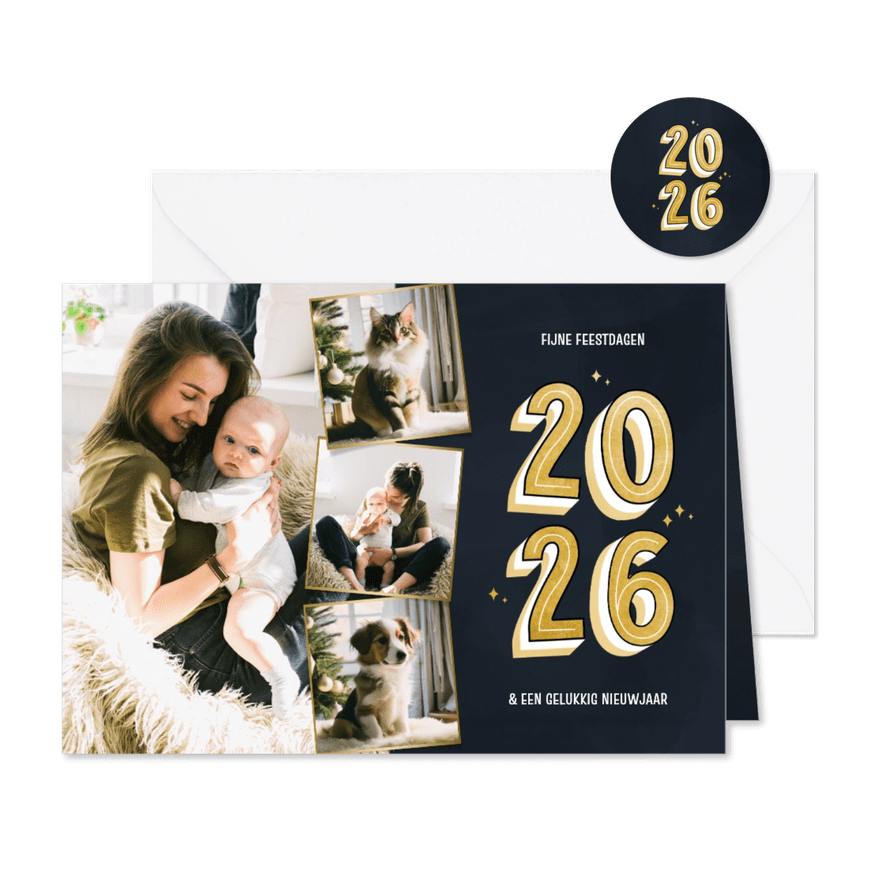 Kerstkaart fotocollage donkerblauw 2026 goud - Kaartimpressie