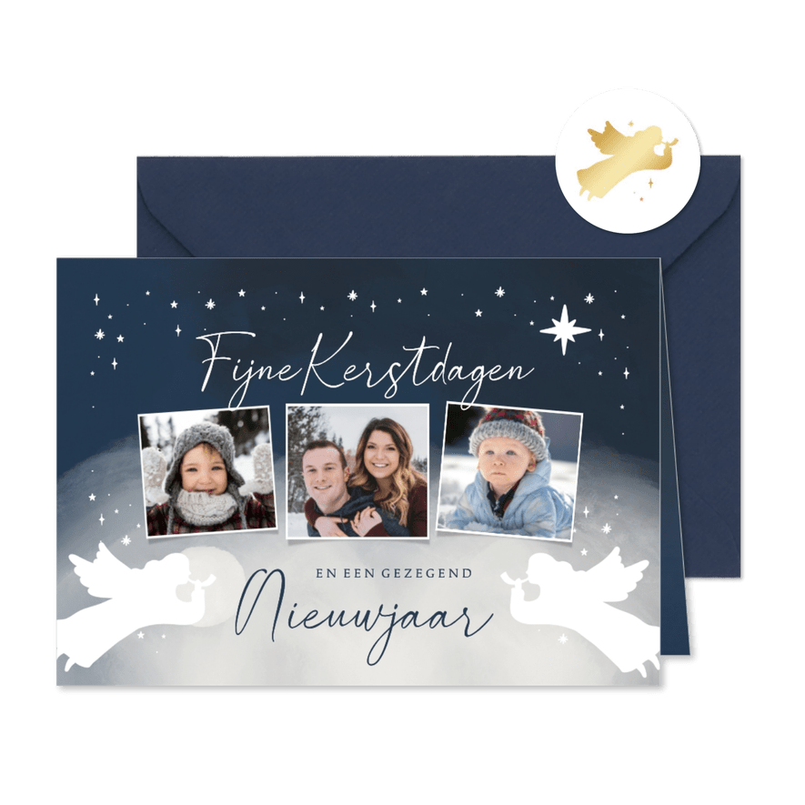 Kerstkaart fotocollage engelen sterren nacht - Kaartimpressie