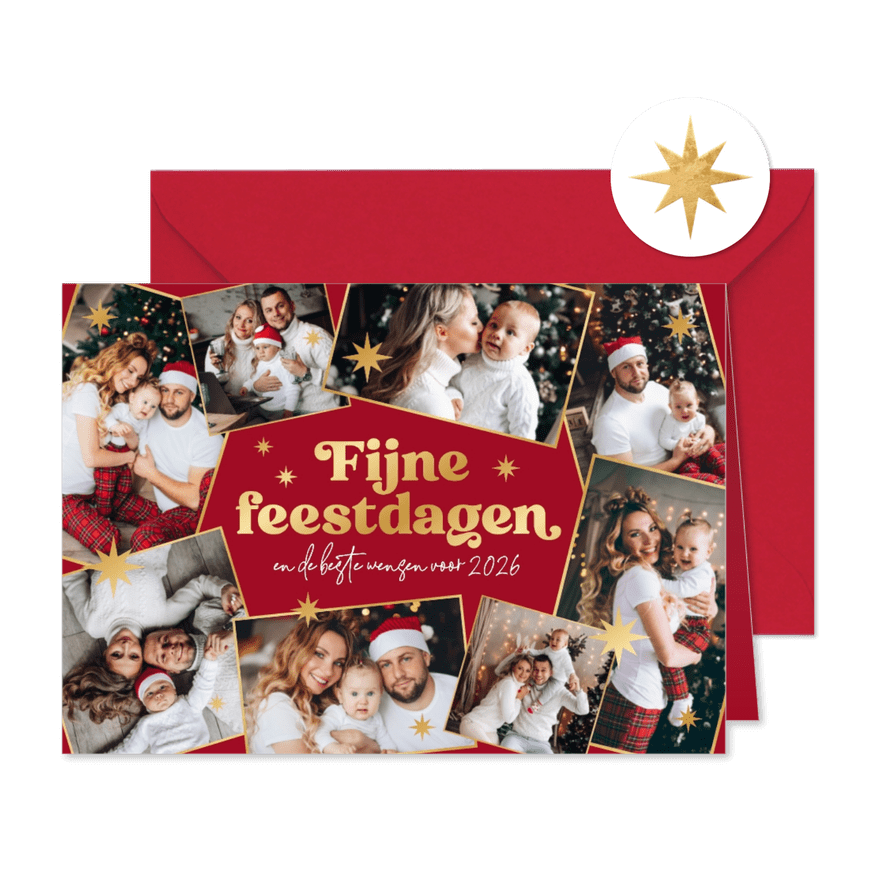 Kerstkaart fotocollage fijne feestdagen gouden sterren rood - Kaartimpressie