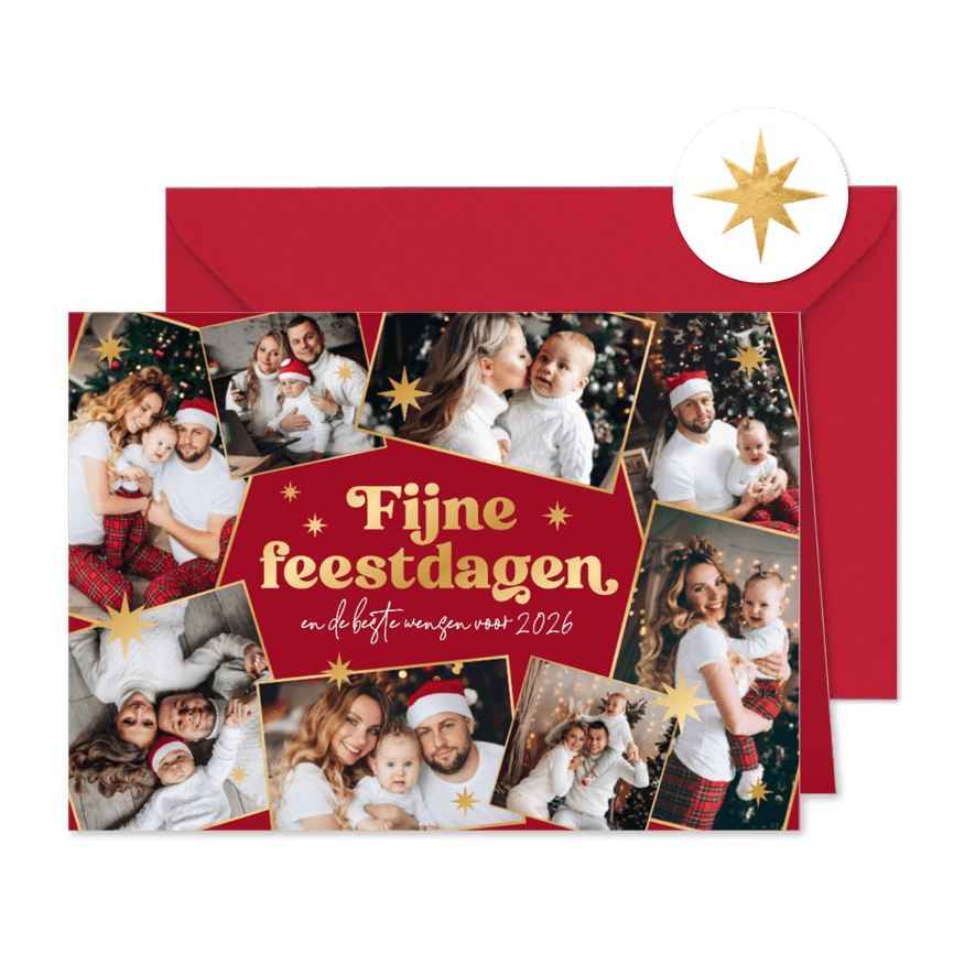 Kerstkaart fotocollage fijne feestdagen gouden sterren rood - Kaartimpressie