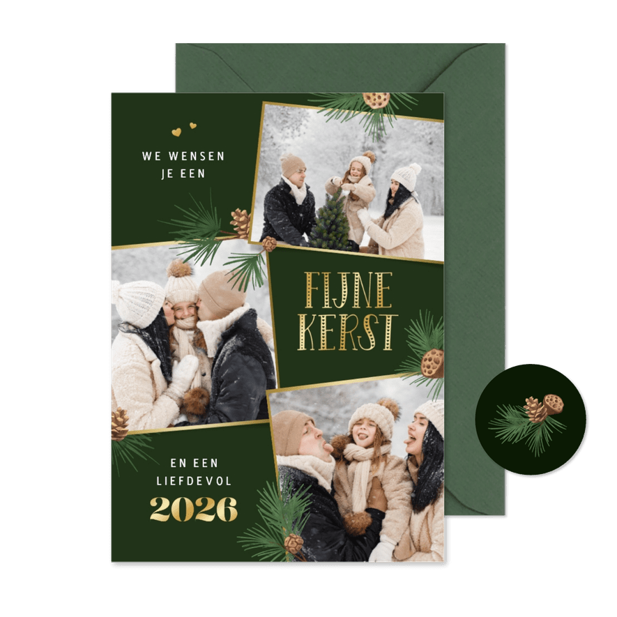 Kerstkaart fotocollage fijne kerst 2026 dennentakjes foto - Kaartimpressie