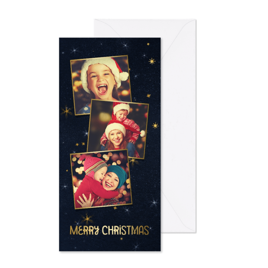 Kerstkaart fotocollage galaxy blauw met goudaccent - Kaartimpressie