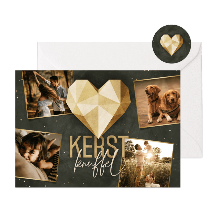 Kerstkaart fotocollage geometrisch hart met kerstknuffel - Kaartimpressie