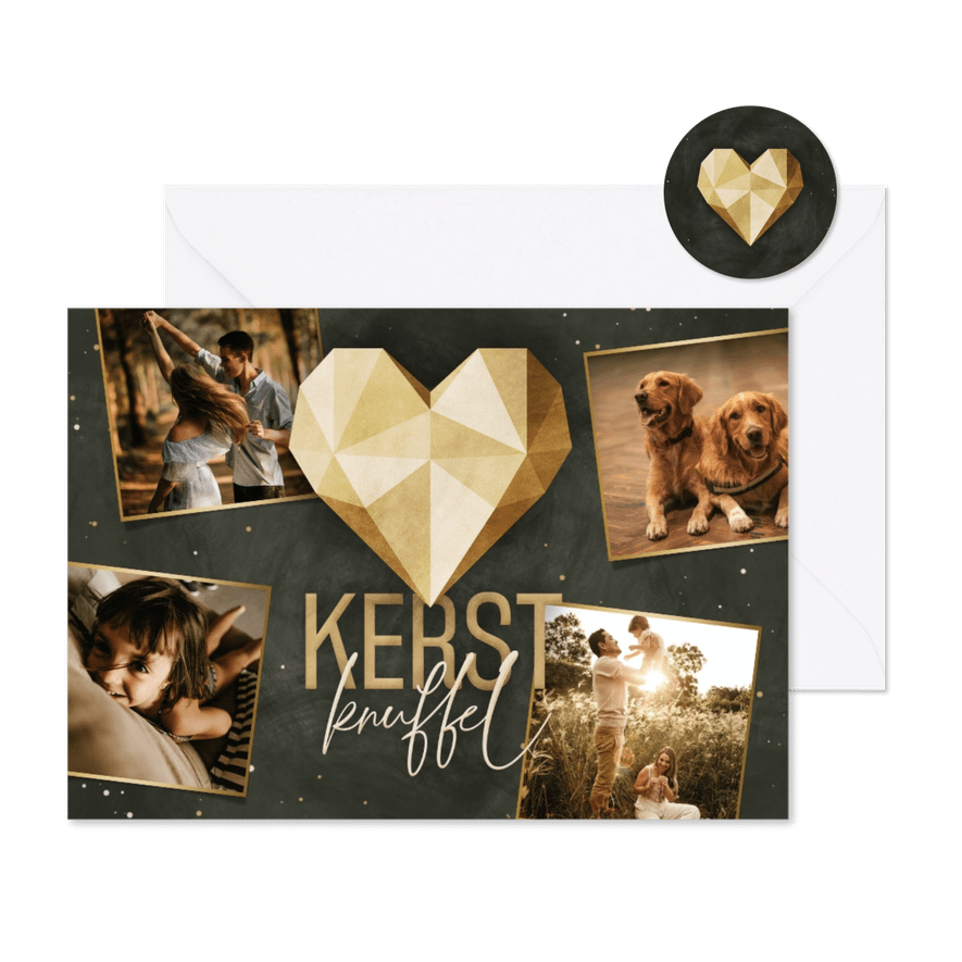 Kerstkaart fotocollage geometrisch hart met kerstknuffel - Kaartimpressie