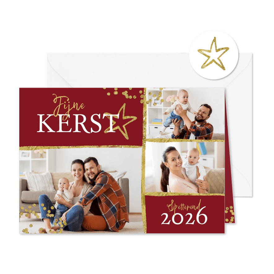 Kerstkaart fotocollage goud ster confetti - Kaartimpressie