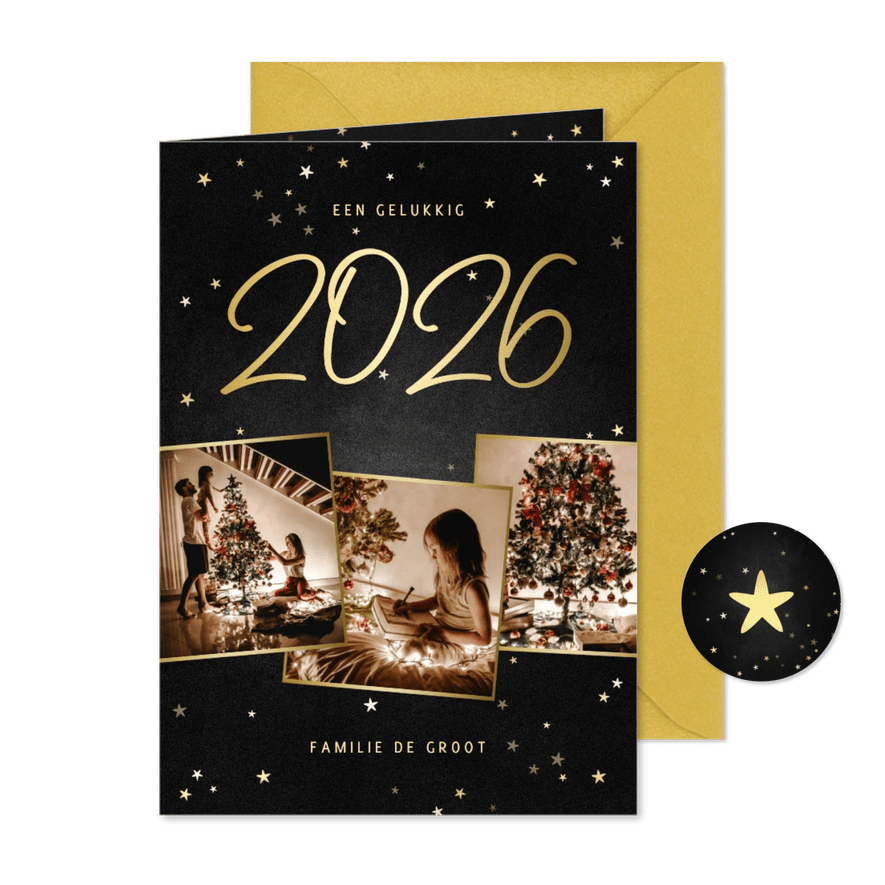 Kerstkaart fotocollage handgeschreven 2026 krijtbord - Kaartimpressie