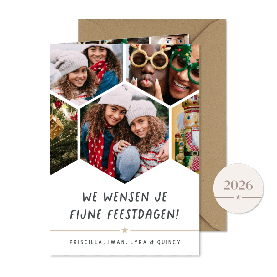 Kerstkaart fotocollage hexagon-modern met 5 foto's - Kaartimpressie